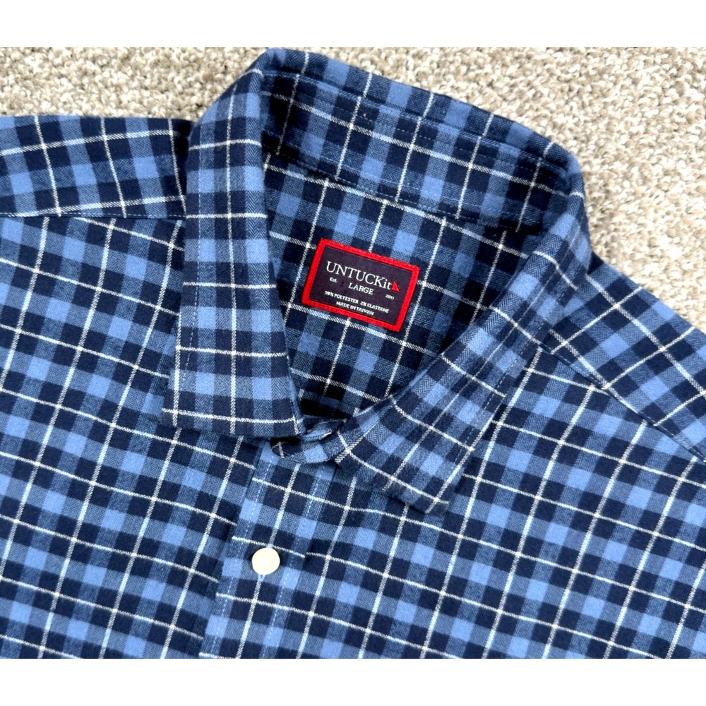 UNTUCKit Melville Mens L Flannel Shirt Blue Plaid Stretch Regular Fit 40959